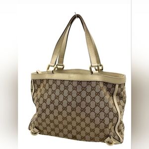 Authentic Gucci GG Canvas Leather Beige/White Tote Bag